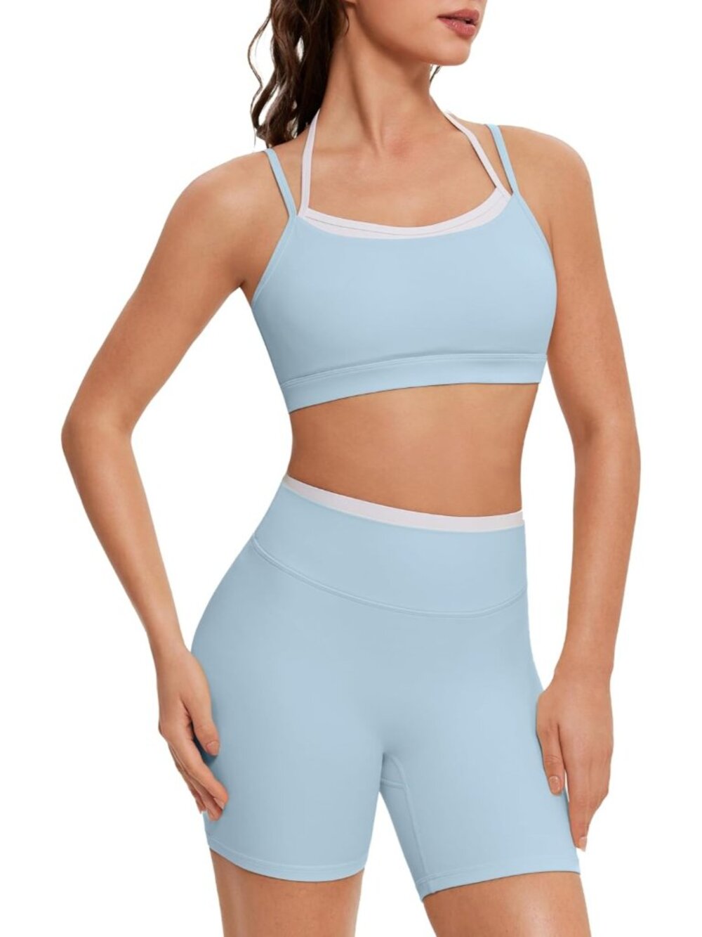 Women's Baby Blue Doubel Layer Open Back Activewear Sports Bra & Gym Shorts Set